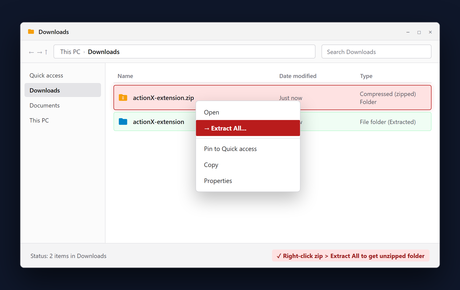 Unzip actionX-extension.zip in Downloads folder