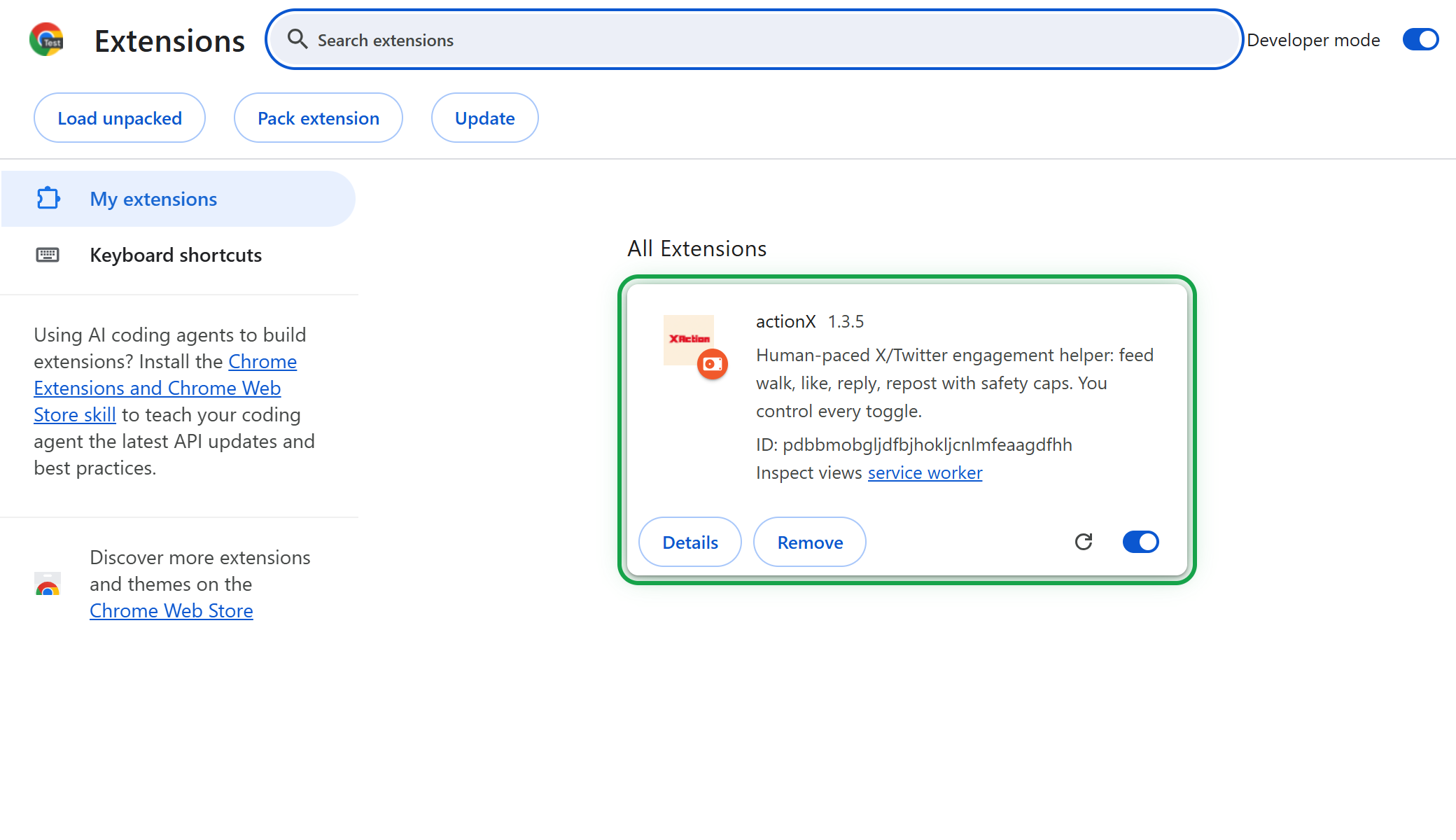 actionX extension card loaded successfully in Chrome