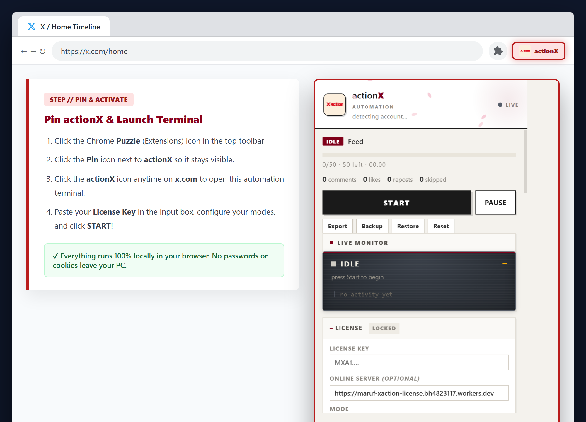 Pin actionX to toolbar, open popup, and enter license key