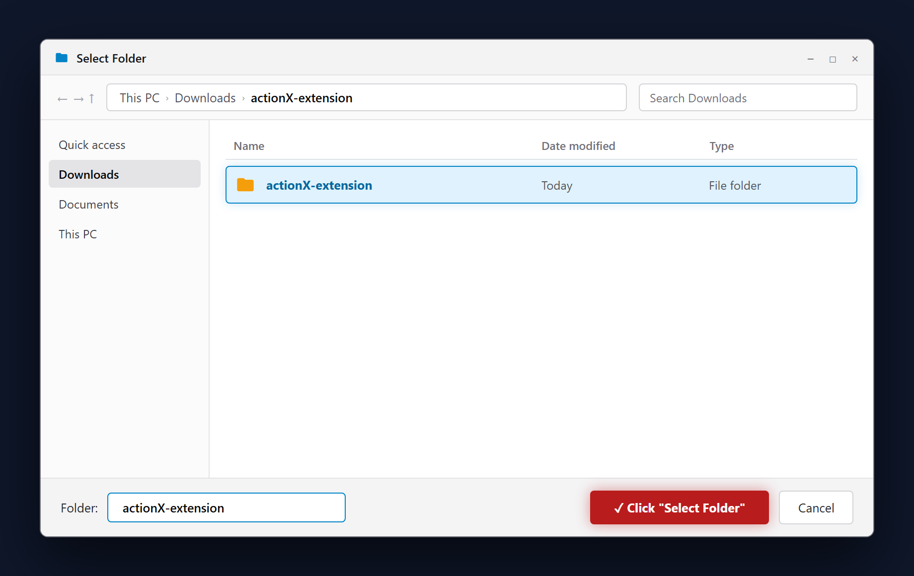 Select actionX-extension folder and click Select Folder