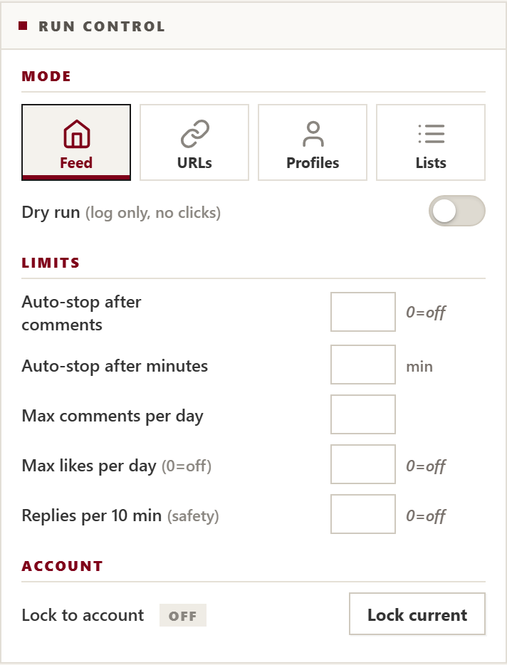 actionX Mode Selection Interface