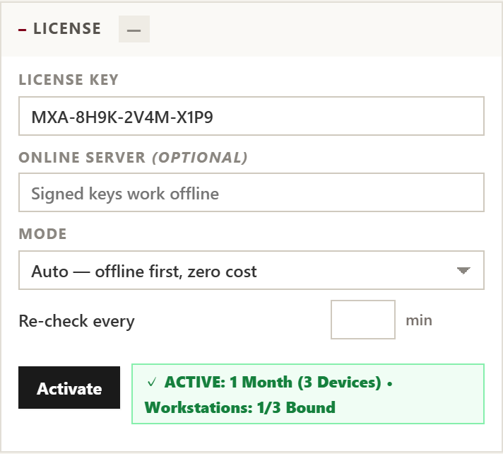 actionX License Key Activation